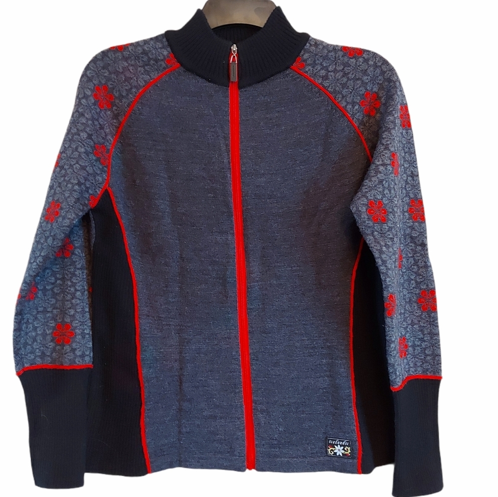 Icelandic Design Wool Blend Cardigan Size Medium Gray Black Red